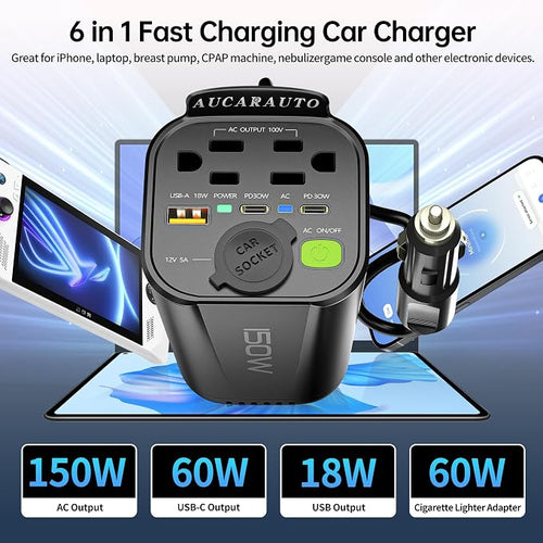 150W Power Inverter 6 in 1 DC 12V to 110V AC Inverter with 60W Dual USB-C and 18W USB-Fast Charger & 2 AC Outlets, Car Pluɡ Adapter Outlet for Laptop/Phone/GPS | Cup Holder Design for Travel