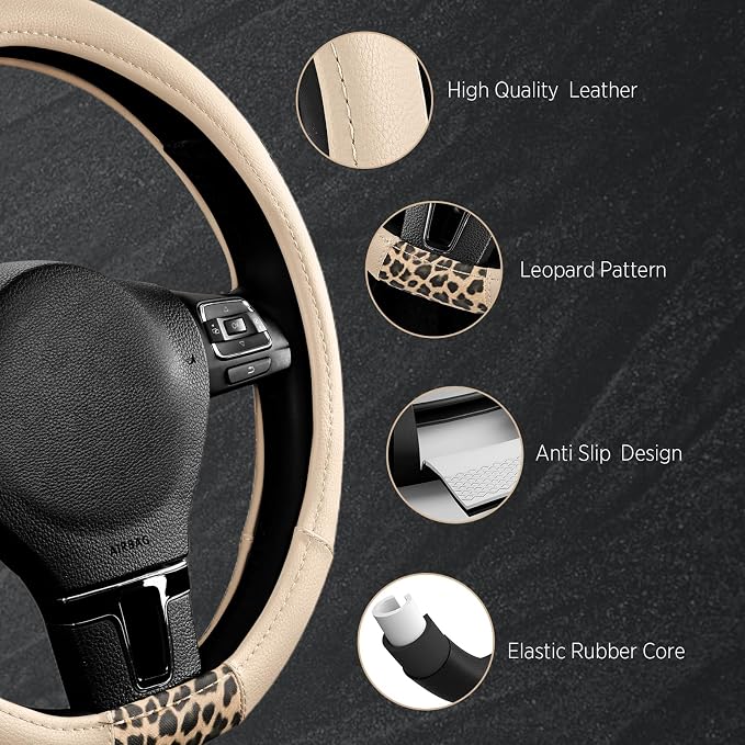 Steering Wheel Cover - Flat Bottom Wheel Cover Made with PVC Leather and Leopard Fabric - Universal Fit for 15-Inch D-Shaped Automotive Steering Wheels (Milky White)