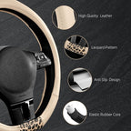 Steering Wheel Cover - Flat Bottom Wheel Cover Made with PVC Leather and Leopard Fabric - Universal Fit for 15-Inch D-Shaped Automotive Steering Wheels (Milky White)