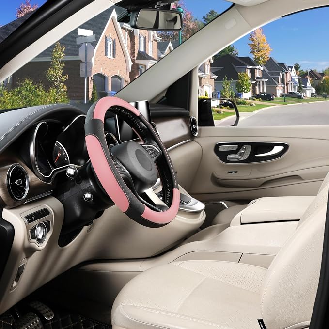 Steering Wheel Cover for Car, Standard Size 14.5-15 inch, Auto Interior Accessories, Black and Pink