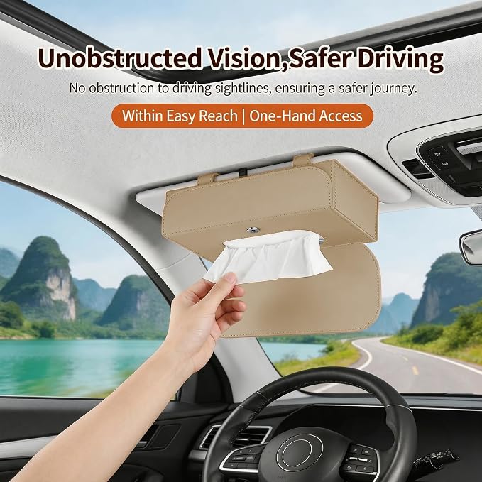 Magnetic Foldable Car Tissue Box - Easy-Install Tissue Holder for Sun Visors and Seat Backs,Premium Leather Car Napkin Organizer—Designed for Commuters,Rideshare Drivers and Families(Beige)