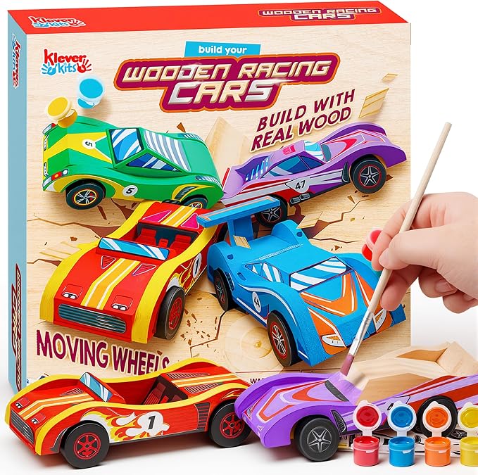 4 DIY Wooden Race Cars-Build & Paint Your Own Wood Craft Kit, 4 Race Cars Toy, Easy to Assemble Arts Crafts Kit, Birthday Party Presents for Kids Boys and Girls