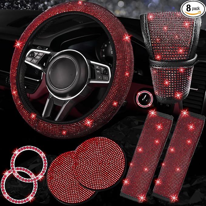 8 pcs Red Bling Car Accessories Set for Women, Steering Wheel Cover, Sparkly Seat Belt Covers, Bling Gear Shift Cover, Universal Fit Most Cars (Red Diamond)