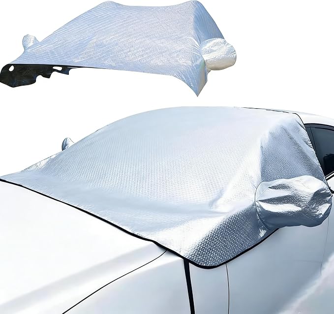 Car Windshield Cover for Ice and Snow - Universal Fit for Cars, SUVs, Trucks, Heavy Duty Oxford Fabric Frost Protector for Ice and Snow,Triple-Window Cover (Aluminum foil Half-Cover-White)