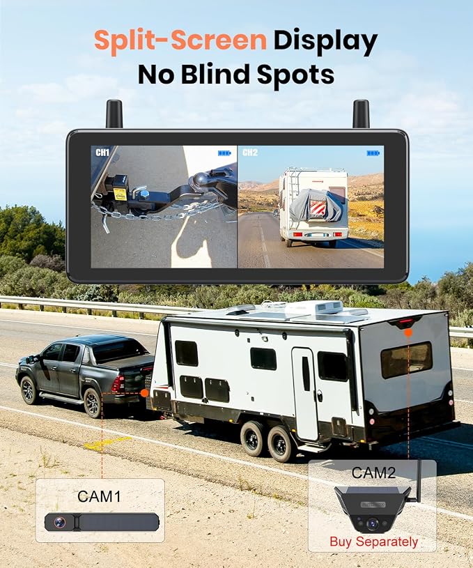 7.2" DVR Portable Solar Wireless Backup Camera:HD 1080P 2 Min Quick Installation Support 2 Split Screen Back up Camera, IP69K Waterproof Reverse Camera for Car, Van, SUV, Truck, Trailer