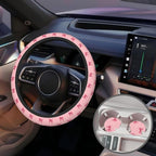Pink Bows Steering Wheel Cover for Women, Anti-Slip Car Steering Wheel Cover with 2 Pcs Cup Holders Neoprene Breathable Car Accessories Universal 15 Inch Auto Interior Decor