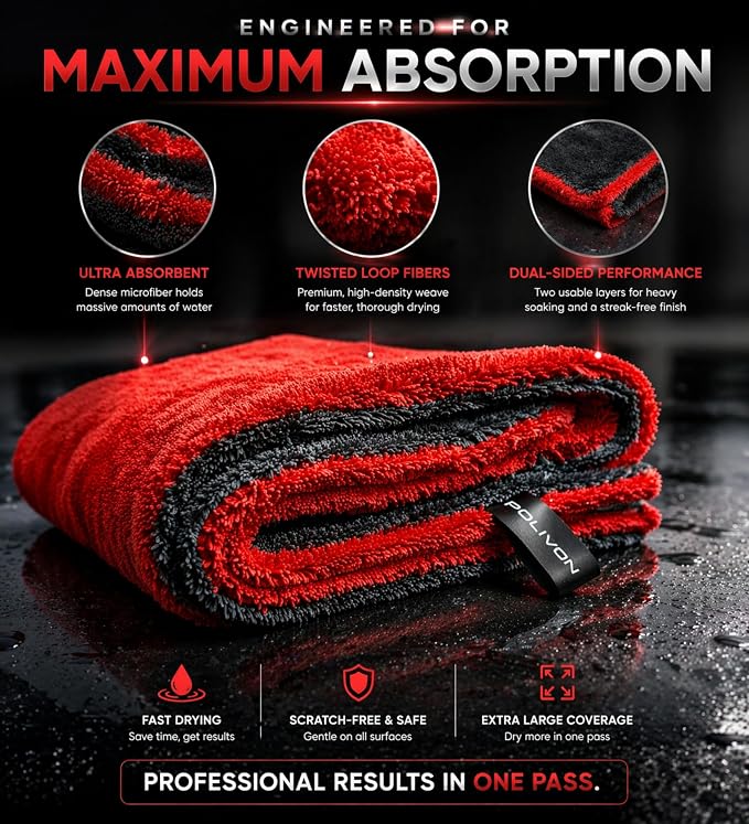 Car Drying Towel 24”x36”, 1400 GSM Twisted Loop Microfiber, Ultra Absorbent, Streak-Free, Lint-Free, Scratch-Free for Car, Truck & SUV, Quick Drying in Fewer Passes (Red)