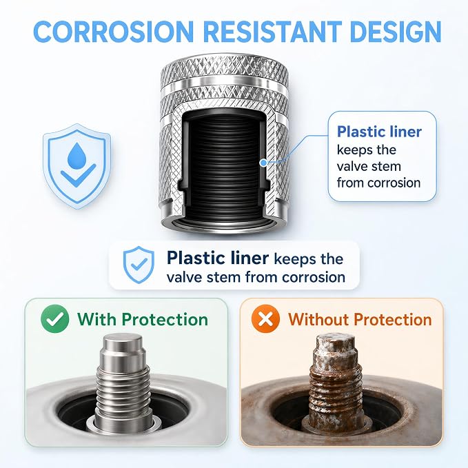 Tire Valve Stem Caps 8 Pack, Aluminum Tire Valve Caps with Plastic Liner, Corrosion Resistant Leak Proof Air Valve Caps, Universal Valve Stem Caps for Cars, Trucks, SUVs, Motorcycles and Bikes