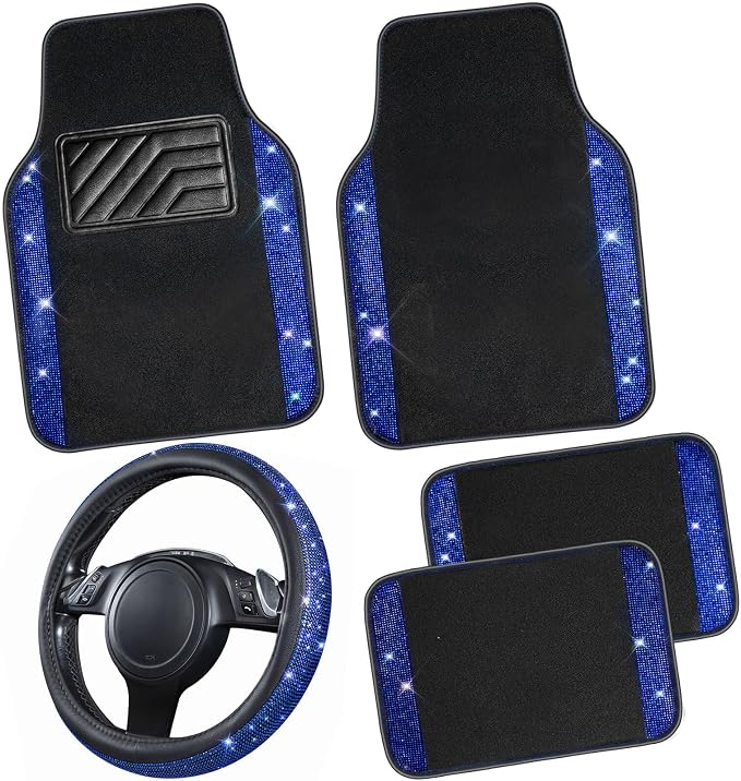 Bling Diamond Leather Steering Wheel Cover 14.5in-15in Floor Mats Shining Rhinestone Carpet Sparkly Glitter Crystal Anti-Slip Pad Fit Automotive SUV Pickup Truck Girl Women, 5pcs Black Blue