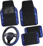 Bling Diamond Leather Steering Wheel Cover 14.5in-15in Floor Mats Shining Rhinestone Carpet Sparkly Glitter Crystal Anti-Slip Pad Fit Automotive SUV Pickup Truck Girl Women, 5pcs Black Blue