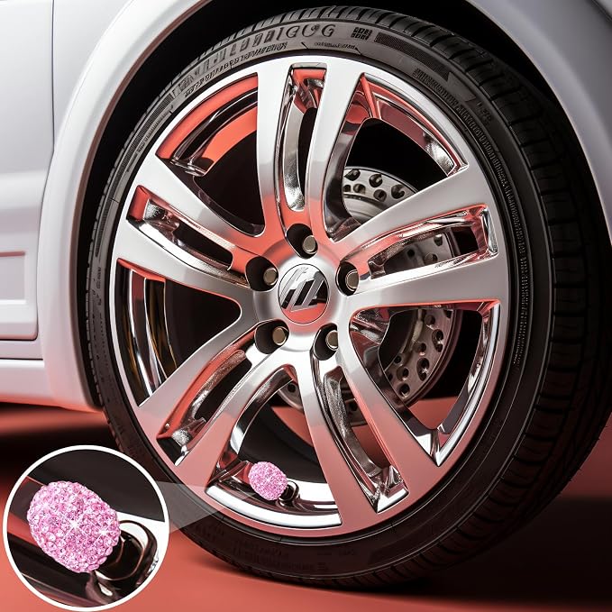 4PCS Bling Crystal Diamond Tire Stem Valve Caps, Dustproof Car Wheel Tire Valve Caps Universal Tire Valve Stem Covers for Cars, SUV, Trucks, Bikes, Motorcycles, Bicycles (Pink)