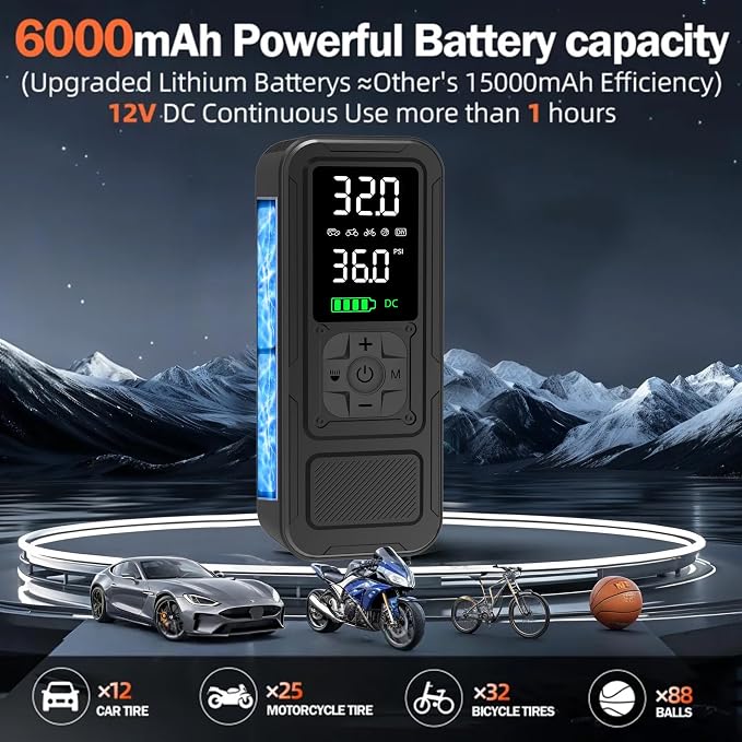 Y34 Tire Inflator Portable Air Compressor,4X Faster Inflation,6000mAh Cordless/12V DC 150PSI Air Pump with Digital Pressure Gauge for Car,Motorcycle,Bike,Ball Gifts for Men