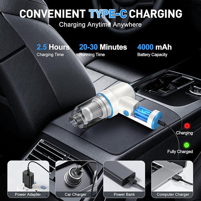 Handheld Car Vacuum Cleaner, 9000PA Vacuum Cleaner & Air Duster, 120W High Power Vacuum Portable Cordless, Hand Held Vacuum Rechargeable with Multi-Nozzles & LED Light for Home, Car, Office