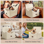 Elevated Dog Car Seat for Small/Medium Dogs up to 35 lbs, Memory Foam Booster Seat with Detachable Washable Cover, Travel-Safe Car Bed with Safety Belts & Storage Pockets, Beige