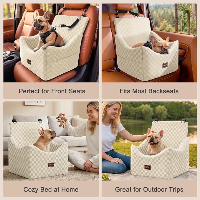 Elevated Dog Car Seat for Small/Medium Dogs up to 35 lbs, Memory Foam Booster Seat with Detachable Washable Cover, Travel-Safe Car Bed with Safety Belts & Storage Pockets, Beige