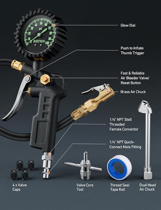 Tire Pressure Gauge with Inflator, 100 PSI-ANSI B40.1 Accurate, Large 2.5" Easy Read Glow Dial, Heavy Duty Air Chuck and Compressor Accessories for Truck, with Case