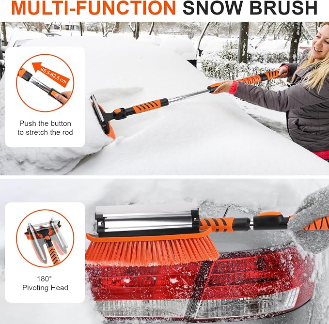 Extendable Snow Brush for Car, Ice Scrapers for Car Windshield Combo Kit with 270° Pivoting Head, 6-in-1 Snow Removal Tool with Snow Shovel Snow Scraper for Car, Truck, SUV, Winter Car Kit