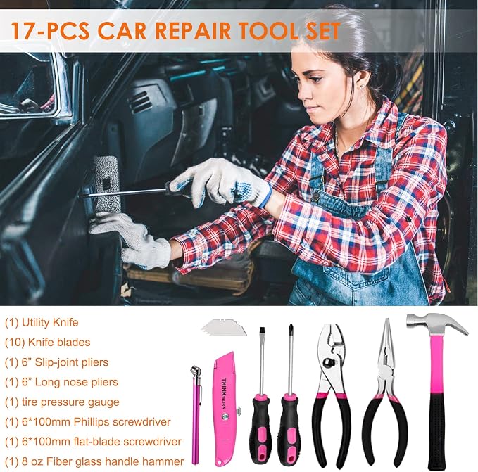 Car Emergency Kit for Teen Girl and Lady's Gifts, Pink Emergency Roadside Assistance kit with Pink Car Tool Set, 10FT Jumper, First Aid Kit, and More Ideal Pink Car Accessories Tool - E8