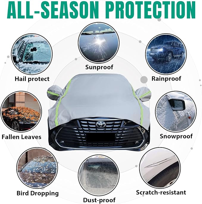 Half Car Cover SUV,Top Cover with Green Reflective Strip, Hail Protector Car Cover with Cotton Liner, Sunroof & Windshield Cover for Ice and Snow, All Weather Car Body Cover for Snow, Sun, Rain, Dust