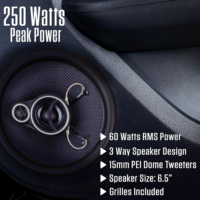 APEX JS65K 6.5" 3-Way Aramid Fiber Car Speakers Pair 250W Peak | 15mm PEI dome tweeters, premium aramid fiber cones, 60W RMS power, punchy bass & clear vocals, fits standard 6.5-inch cutouts