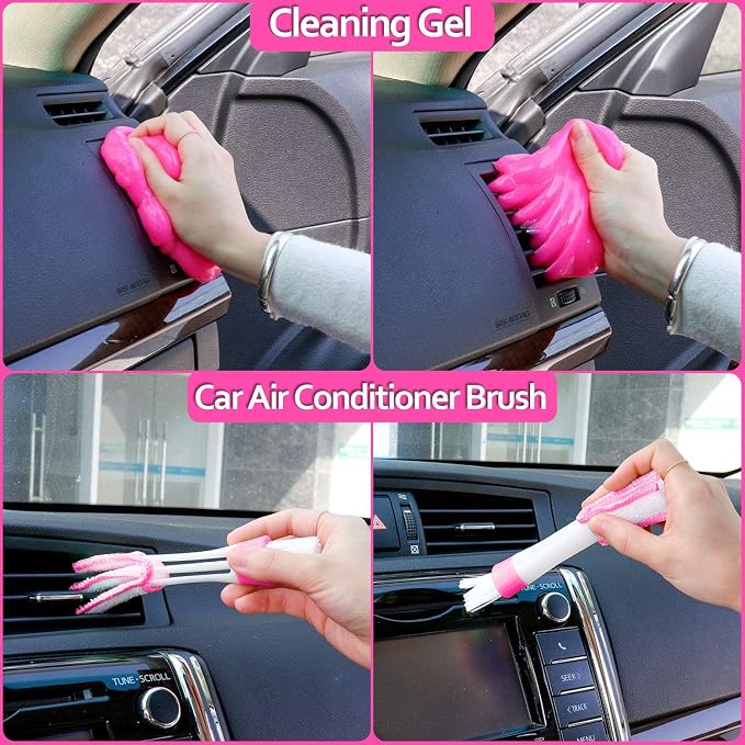 Car Detailing Kit, Interior Exterior Cleaning Set for Vehicles | Soft Microfiber, Lint-Free, Scratch-Proof, 17 Pcs Complete Set, Pink Styling, Perfect Women Gift, Portable Bag