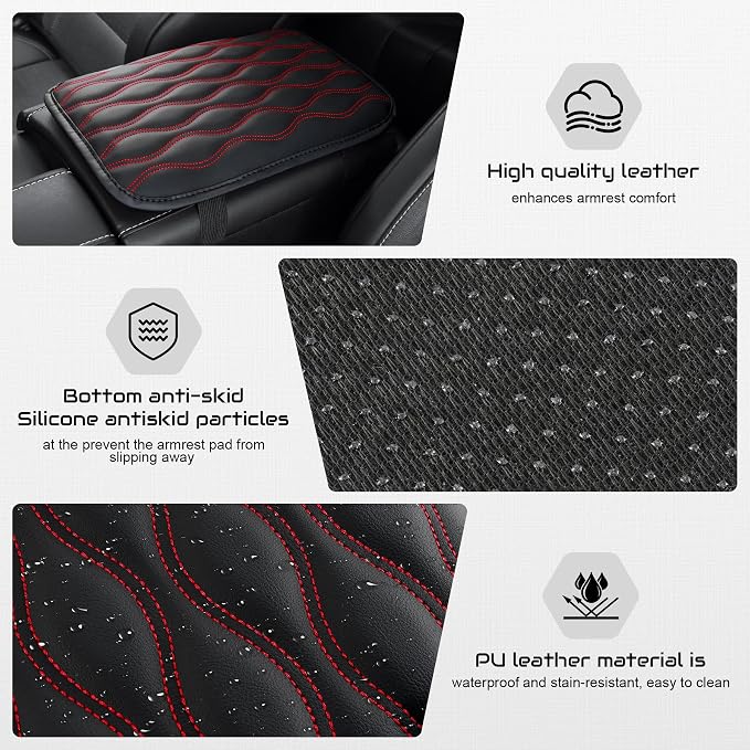 Car Center Console Cover, Upgraded Leather Car Armrest Cushion, Universal Waterproof Cushion Pad, Non-Slip Car Interior Accessories, Fits Most Sedans SUVs Trucks (Red Line)