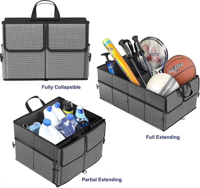 Foldable Car Trunk Organizer for SUV, 3-Compartment, Dark Gray | with Removable Divider, Side Pockets and Securing Straps
