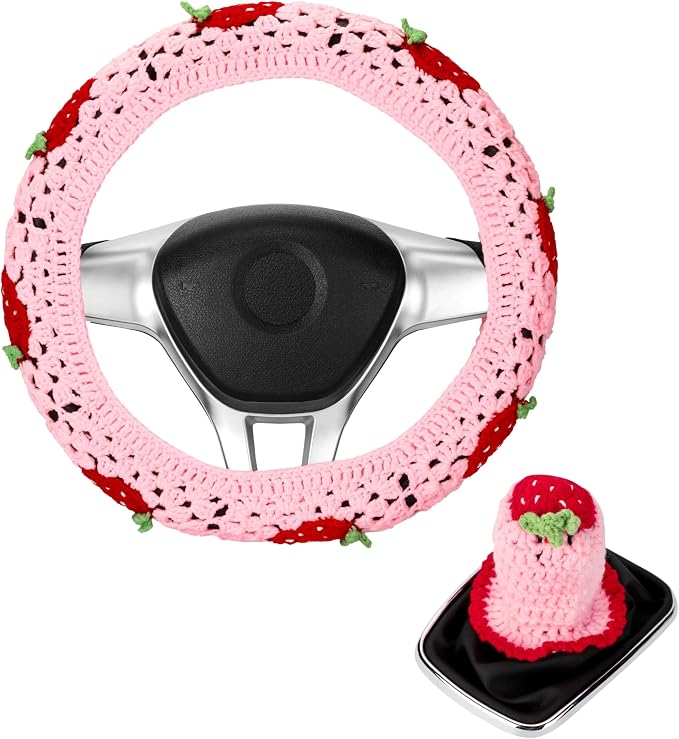 Crochet Steering Wheel Cover Set,Cute Car Steering Wheel Cover Boho 14-15in,Pink Strawberry Granny Square Pattern,Women Car Accessories (Pink (Steering+Shift Knob) Cover)