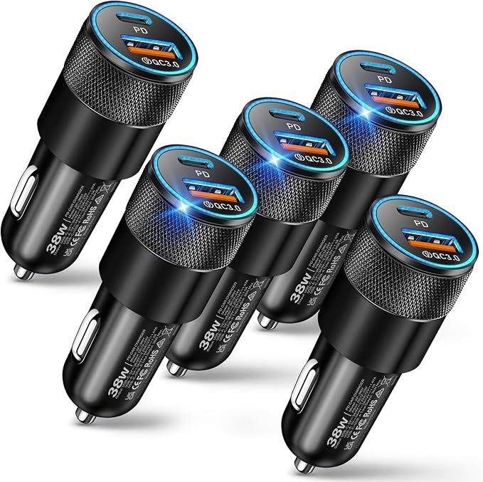 USB C Car Charger, 5 Pack 38W Dual Ports USB-C & USB-A Cigarette Lighter Adapter Fast Charging Car Phone Charger for iPhone 17 Pro Max 16 16e 15 14, Samsung S24, Pixel Cargador para Carro Phone Plug