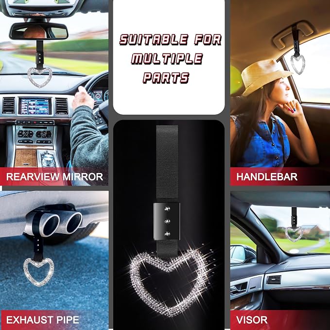 Bling Car Accessories Bling Heart Handle Ring Car Accessory for Women Heart Hand Strap Drift Charm Rear Bumper Warning Ring Decor for auto Bus Interior Exterior Decoration (White,Heart Style)