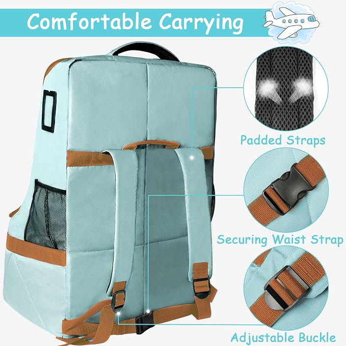 Padded Car Seat Travel Bag for Air Travel, Carseat Cover Backpack with Shoulder Straps, Large Carseat Gate Check Bag, Baby Travel Essential(Light Cyan)