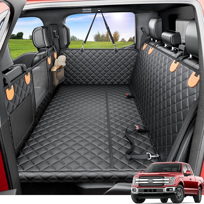 Dog Truck Seat Cover for Back Seat, Hard Bottom Dog Hammock for Car, Pet Bed Extender for 2-4 Large Dogs, Waterproof Seat Protector, Universal XL Size Fits for Crew Cab Truck/SUV, Black+Orange