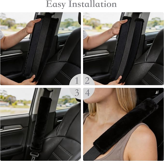 2-Pack Soft Furry Universal Seatbelt Cover – Shoulder Pad for Car Truck SUV Airplane Bus – Relieves Neck & Shoulder Pressure – Fits Backpack, Camera Bag, Laptop Bag Straps (10.5 Inch, Black)