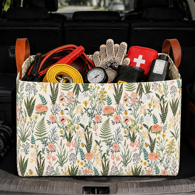 Flower Car Trunk Organizer, 20L Collapsible Auto Storage Basket with Handles, Waterproof Reusable Shopping Grocery Bags for SUV, Truck,Flower Cars Boot Organizer Gifts for Women Men Drivers