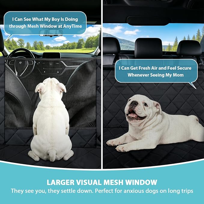 Dog Car Seat Cover for Back Seat | Mesh Window & Safety Belt | 100% Waterproof Dog Hammock for Safe Travel with Side Door Protectors | Non-Slip, Scratchproof Pet Rear Seat Cover for Car, SUV,Truck