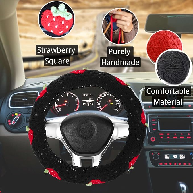 Crochet Steering Wheel Cover Set,Cute Car Steering Wheel Cover Boho 14-15in,Black Strawberry Granny Square, Hippie Car Accessories for Women (Black Strawberry Cover)