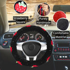 Crochet Steering Wheel Cover Set,Cute Car Steering Wheel Cover Boho 14-15in,Black Strawberry Granny Square, Hippie Car Accessories for Women (Black Strawberry Cover)