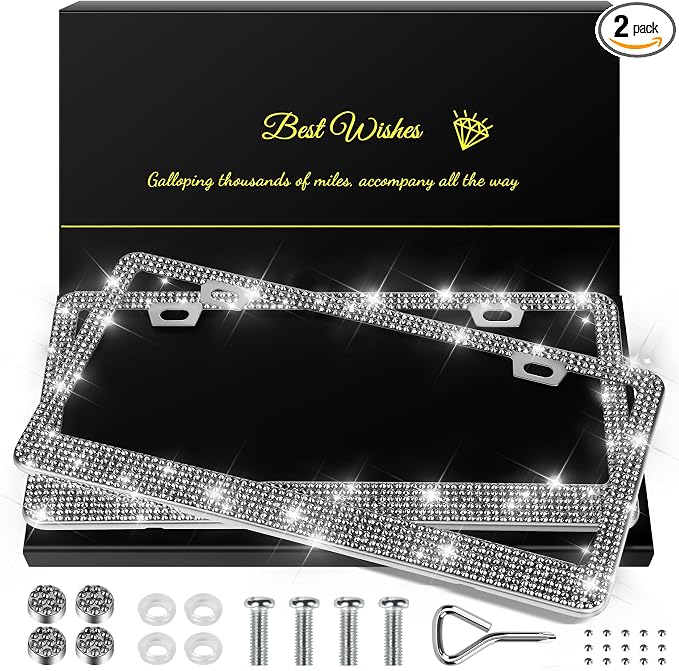 2 Pack Bling License Plate Frames for Women, Sparkly Rhinestone Diamond Car Accessories with Glitter Crystal Caps (Gilded Black)