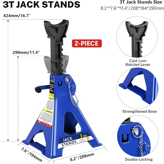 4 Piece Car Truck Floor Jack Service with Jack Stands Tire Repair Kit for Garages, Automotive,Repair Shops and DIY, Portable, 2 Ton 4,000 lbs, Lifting Range 3.3" - 15.2", Heavy Duty Steel, Blue