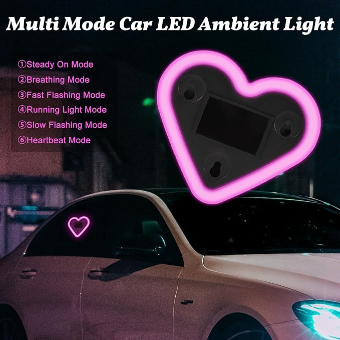 Upgrade Car Light LED Ambient Lights Heart Solar Lights Solar-Powered Heart-Shaped Neon Lights for Car Window Decorative 5 Modes Interior Outdoor Decor (Pink)