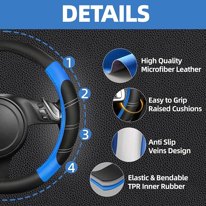 6 Pcs Blue Car Accessories Set, Sport Leather Steering Wheel Cover 14.5-15inch Universal, Microfiber Leather Car Center Console Cover, Seat Belt Cushion, Cup Holder Coaster (Black-Blue)