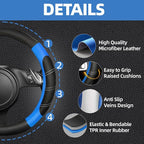 10 Pcs Car Floor Mats Full Set & Sport Leather Steering Wheel Cover 14.5-15 inch, Center Console Cover, Seat Belt Cushion, Cup Holder Coaster, Universal Automobile Interior Sets (Blue)