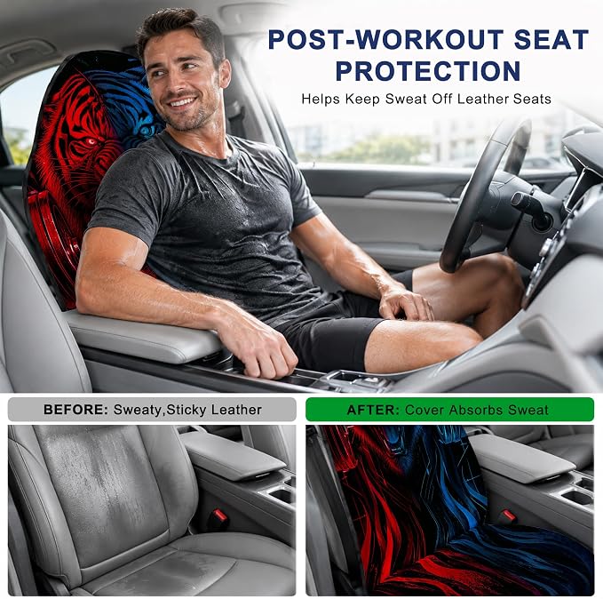 Car Seat Towel Cover 2 Pack for Front Seats, Sweat Absorbent Car Seat Protector with Non-Slip Backing, Waterproof Towel Car Seat Covers for Runners, Gym, Swimming, Beach, Pets, Tiger Strength