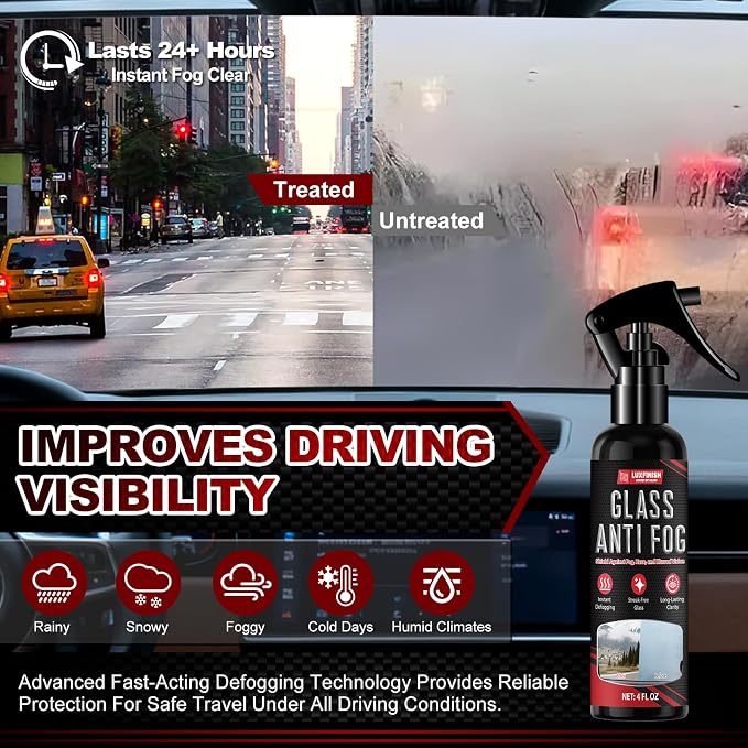 Anti Fog Spray for Glass & Windshield Defogger – 24H Long Lasting Prevention for Car, Mirrors, Windows, Goggles, Shower Door – Streak-Free & Instant Clear with Microfiber Towel, 120ml/4oz