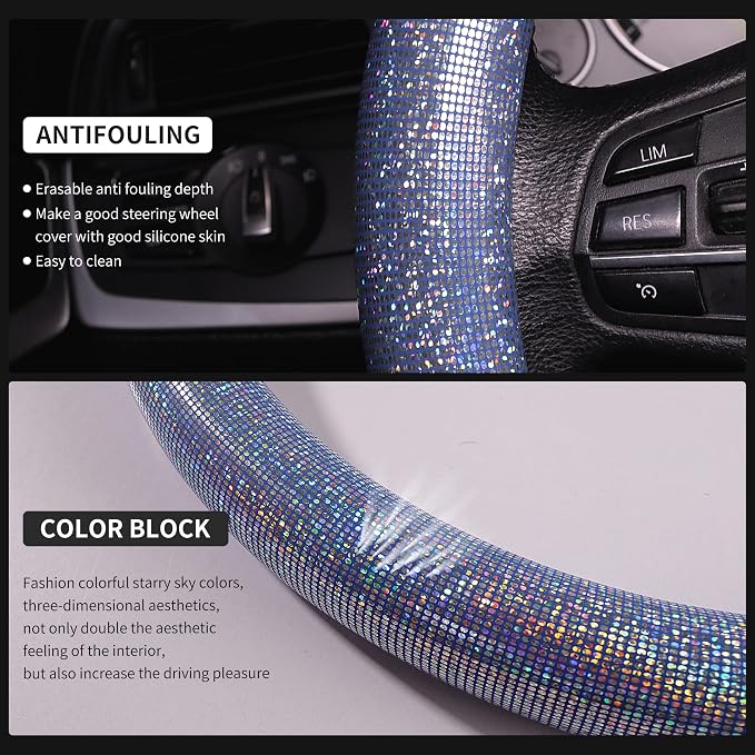 Bling Steering Wheel Cover, Bling Crystal Rhinestone Car Steering Cover Universal 14.2-15.3 inch Glitter Car Wheel Cover Sparkling Accessories （Blue）