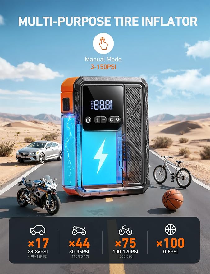 Beta822 3000A Jump Starter with Air Compressor, 150PSI Portable Tire Inflator with Auto-Shutoff, 12V Car Battery Booster (9.0 Gas/7.0L Diesel) with LED Light and Jumper Cables, Black