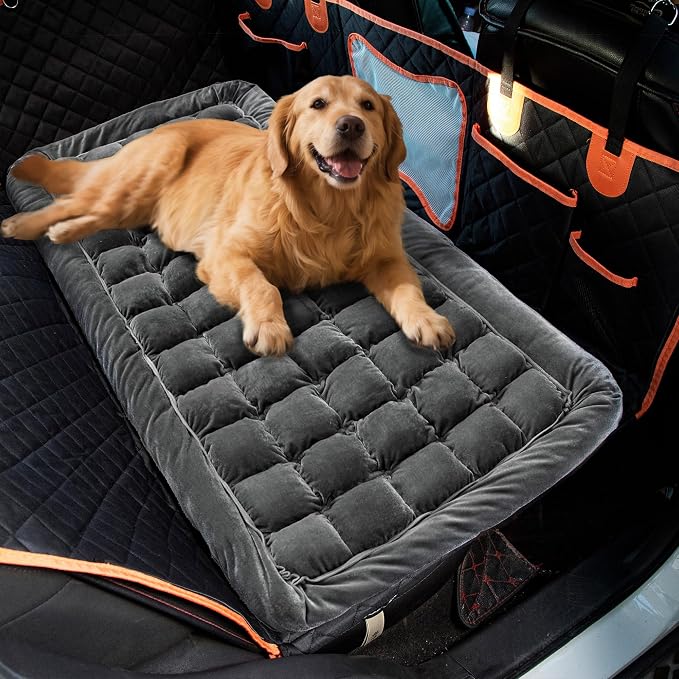 Dog Bed for Car Back Seat Soft Plush Backseat Pet Bed Mat Non-Slip Travel Pet Mat, Fuzzy Plaid Dog Seat Cover, Fit for Backseat Extenders and Trucks SUVs (Glossy-Dark Gray, 54" x 24.8")