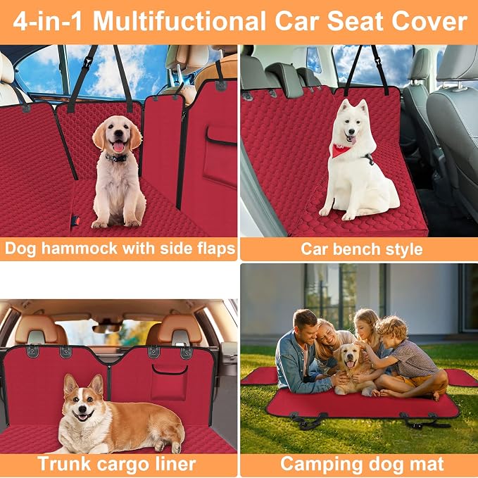 Dog Car Seat Cover for Back Seat, 2026 Upgraded 600D Heavy Duty Waterproof & Scratch-Resistant Dog Hammock for Car, Back Seat Pet Cover for Dogs with Sedan, Trucks and SUVs, Standard, Red