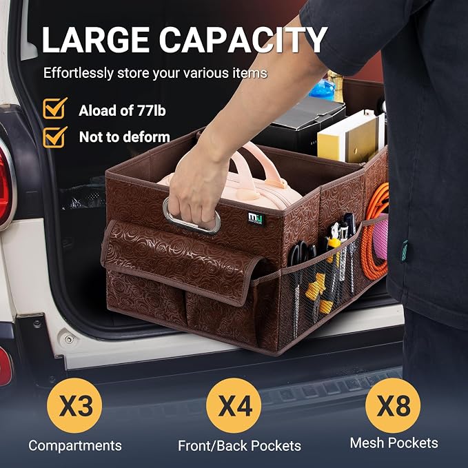 Trunk Organizer for Car, 12 Pockets Sturdy Car Organizer for SUV, Non-Slip Bottom, Storage Organizer for Sedans, Van, Jeep, Grocery, Large 3 Compartments, Brown Vintage 32"×13"×10.6"