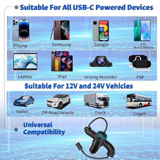 [Apple MFi Certified] iPhone Car Charger Fast Charging, 4.8A USB Power Cigarette Lighter Car Carplay Charger Adapter with 6FT Coiled Lightning Cable for iPhone 14 13 12 11 XS XR X 8 SE iPad